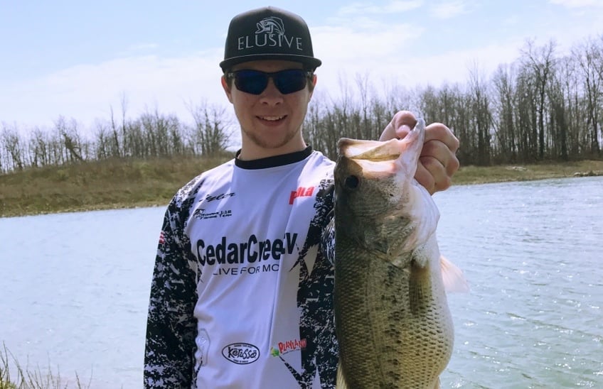 Tyler Holbem pictured showing off a big catch last year, at 18 already is a semi-pro fishing champ with 19 sponsors, including Kerusso Christian T-shirts.